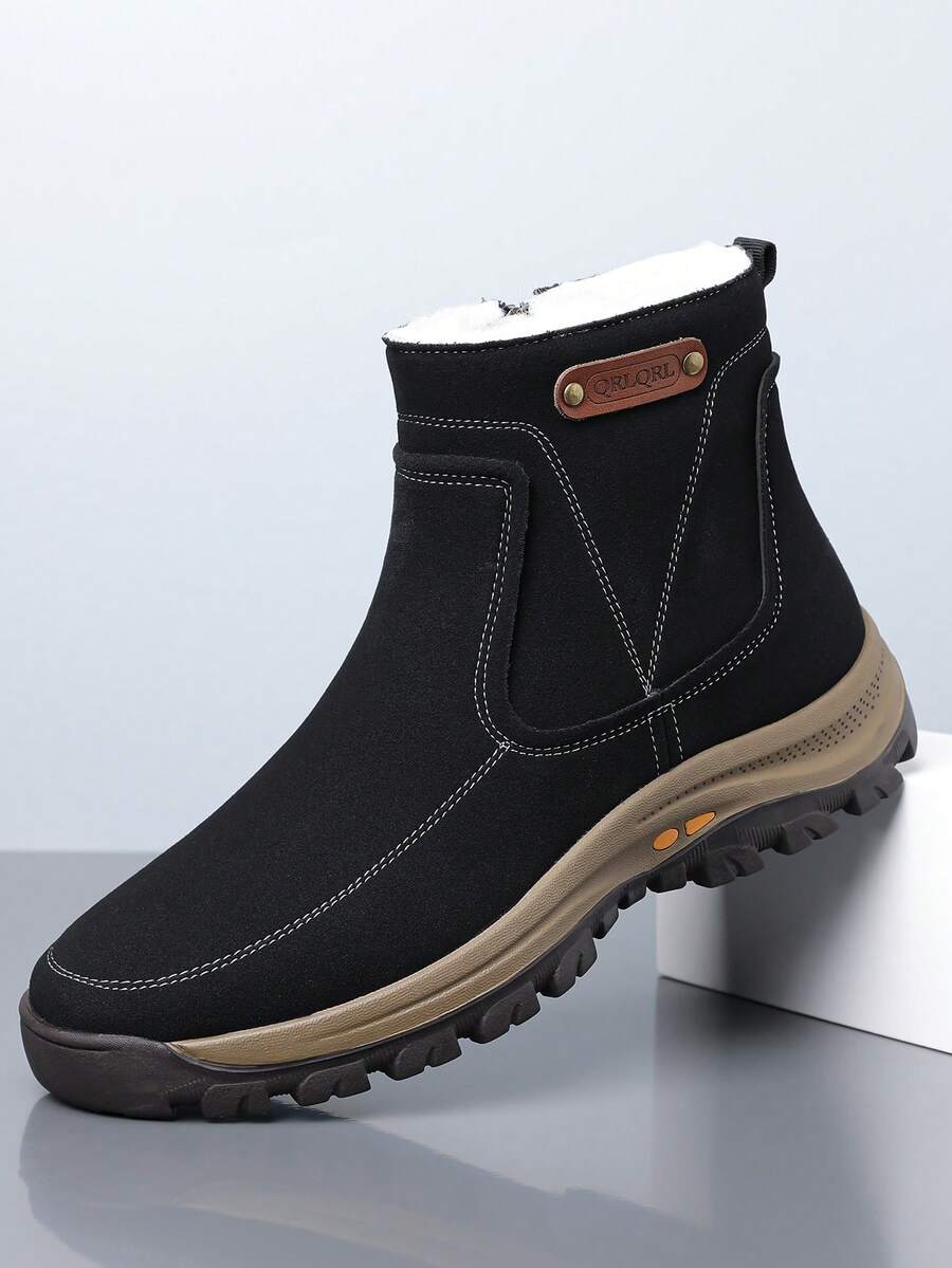 1 Pair Men's Round Toe Pull-On PU Leather Upper Rubber Sole Lined Warm Non-Slip Casual Mid-Calf Boots, Suitable For Daily Wear In Winter - Black - View 1