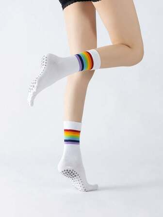 1Pair White Rainbow Colored Women's Yoga Calf Socks Autumn Retro Pilates Indoor Anti Slip Professional Floor Socks Leisure Sports Socks
