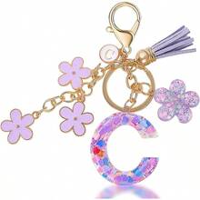 Llavero de Moda Letra Inicial, Llavero con Inicial de Resina, Dije para Bolso Mochilas, Regalo Personalizado para Mujer - Morado + C - Ver 1