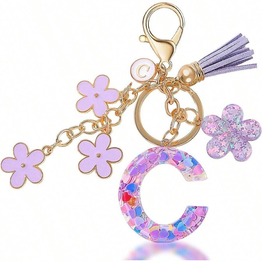 Llavero de Moda Letra Inicial, Llavero con Inicial de Resina, Dije para Bolso Mochilas, Regalo Personalizado para Mujer - Morado + C - Ver 1