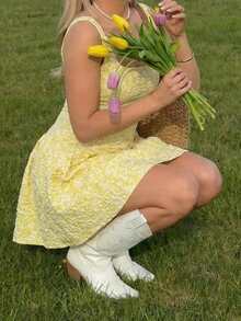 Butter Yellow Textured Mini Dress | Square Neck Flowy Dress For Picnic & Vacation - Yellow - View 5