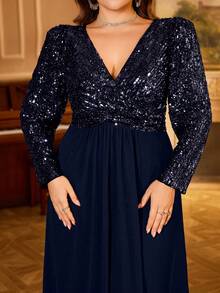 UNITHORSE V-Neck Long Sleeve Pleated Sequin Patchwork Chiffon Party Evening Dress