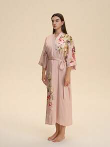 Elegant Vintage Loose Mid-Length Kimono Cover Up, Casual Homewear Robe With Tie Belt, Lightweight Summer Beach Swimsuit Cover Up Pink Spring - Pink - View 6