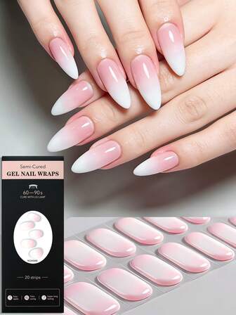 20pcs Semi-Cured Gel Nail Stickers, French Design Self-Adhesive Crystal Nail Stickers, Require UV Lamp, Easy To Apply And Remove, Suitable For Women And Girls For Daily, Party, Date And DIY Manicure