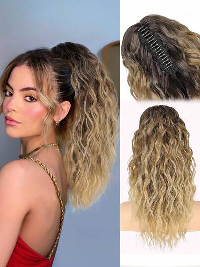 女士夹式马尾假发，有金色/黑色/红色/渐变色可选 - 耐热合成纤维，18 英寸波浪夹式接发，适合短发，增加发量，非常适合日常佩戴或派对造型（多种颜色可选）。