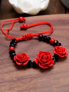 新款漆面朱砂红玫瑰花手链，庆典礼物 - 彩色 - 查看 7