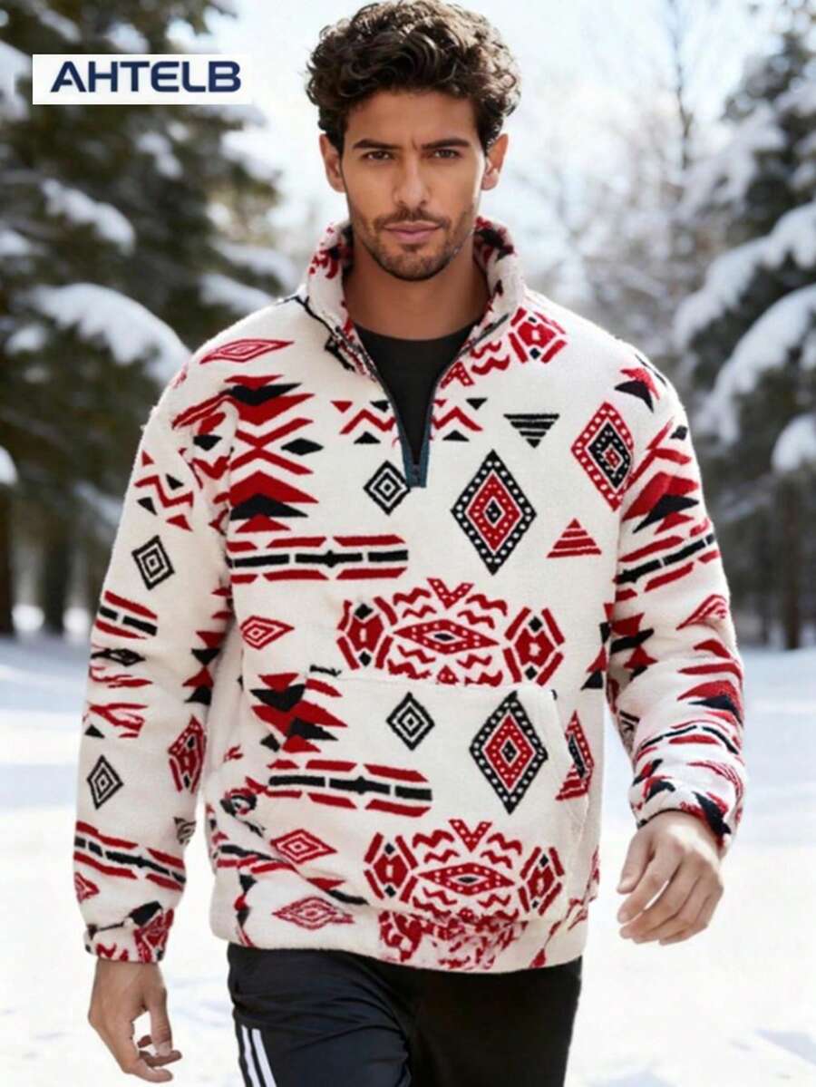 AHTELB 男士宽松抓绒印花卫衣，休闲半拉链立领长袖上衣，适合户外穿着 - 紅色 - 查看 1