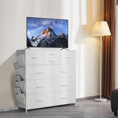 10 Drawer Dresser, Fabric Drawer Dresser With Fabric Bins, Closet Storage Drawers With Easy Pull Handle And Sturdy Steel Frame, Fabric Storage Tower For Bedroom, Hallway, Closet, Nursery, White