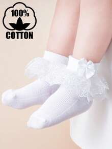 1 Pasang Kaos Kaki Pendek Tari Gaya Putri dengan Hiasan Pita Renda untuk Anak Perempuan/Balita, Musim Semi/Panas - Putih - View 11