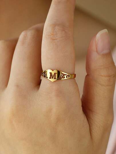 1pc Vintage Style Letter Heart Ring, Unisex, A-Z English Letter Ring, Stainless Steel Ring, Gold Ring, Women's Ring, Personalized Jewelry Fashion Accessory, Daily Wear, Anniversary/Birthday/Valentine's Day Gift