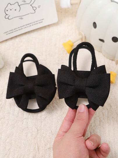 1 Pair Black Soft & Comfortable Mesh Bowknot Slip-On Sandals For Toddler Girls, Round Toe, Elastic Back Strap, Suitable For 0-1 Years Old, Spring/Summer