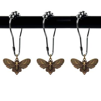 12 piezas Ganchos de cortina de ducha con diseño de Polilla de la Calavera, Anillos de ducha de metal con cara de calavera, Decoración de baño del hogar con tema de insecto gótico y naturaleza