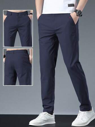 Pantalones casuales de unicolor con bolsillos y corte entallado para hombres