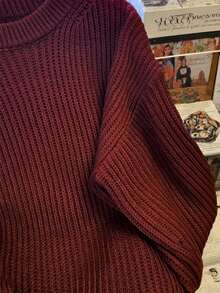 女士休闲纯色套头针织衫，长袖 - 酒紅色 - 查看 3