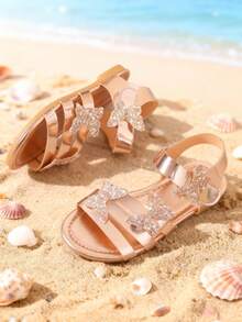 1 Pair Girls' Sandals, 3D Sparkling Rhinestone Butterfly Decor With Hook And Loop Closure, Faux Leather Material, Non-Slip And Easy On/Off, Open Toe Flat Style, Elegant And Fashionable, Suitable For Summer Beach Vacation And Strolling - Rose Gold - View 5