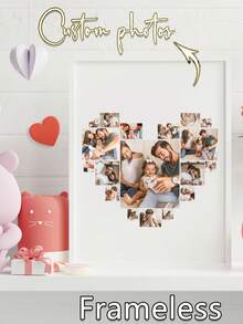 1 Pc Personalized Artwork, Custom-Made Children/Family Photos On Canvas (Without Framing Service), Featuring A Heart-Shaped Pattern. The Content Includes Beautiful Landscapes, Cute Pets And Daily Life Scenes. Suitable For Bedrooms, Offices And Tea Rooms. Appropriate For Family Anniversaries, Valentine's Day - Beige - View 3