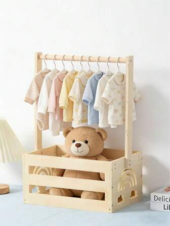 1pc Wooden Baby Storage Rack, Clothes & Bathing Supplies Storage Basket, Plush Doll Storage Shelf, Wooden Baby Storage Box, Wooden Storage Basket, Wooden Baby Shower Doll Storage Box