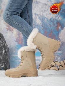 Women's Winter High-Top Thermal Lined Warm Snow Boots, Women's Outdoor Anti-Slip Hiking Boots, New Winter Plus Size High-Top Anti-Slip Tall Boots, Thermal Lined Thick Women's Boots, Women's Tall Boots, Women's Fashion Warm Snow Boots, Women's Outdoor Winter Hiking Boots, Women's Boots, Women's Lace-Up Mid-Calf Boots, Women's Travel Boots, Women's Snow Boots, Winter Boots, Fluffy Boots Women's Boots, Women's Ski Boots, Women's Climbing Boots, Warm Boots, Women's Work Boots, Outdoor Western Style Lace-Up Fleece Snow Boots - Khaki - View 4