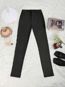 High Waist Button Slant Pocket PU Leather Elastic Skinny Pants, Casual Pants For Music Festival & Party Black - 紅色 - 查看 11