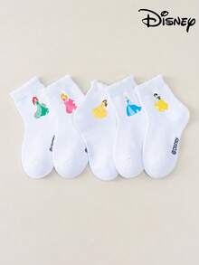 Disney 5双装公主可爱袜子，艾莎和美人鱼图案，中筒袜，韩式卡通风格，白色，儿童袜子，男童袜子，女童袜子，适合狂欢节、情人节、圣帕特里克节、慕尼黑啤酒节、复活节、斋月等各种场合，整体可爱风格 - 彩色 - 查看 3