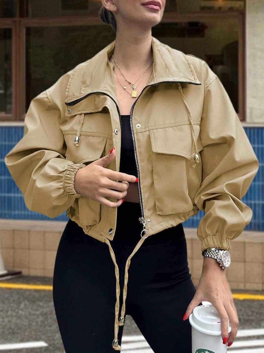 Womens Outdoor Cropped Jacket Zip Up Lightweight Oversized Utility Anorak Coat With Pockets For Camping Hiking Streetwear - 深卡其色 - 查看 1