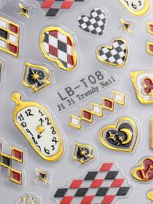 Miếng dán móng tay họa tiết đồng hồ bàn cờ bất đối xứng 5D kiểu retro, hình trái tim kẻ ô viền lá bài vàng thời trang, tự dính, trang trí móng tay nghệ thuật, dụng cụ làm móng DIY tại salon. - Nhiều màu - Xem 6