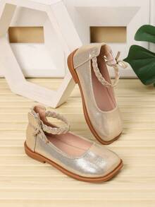 1 Pair Simple Bow Decor Girls' Flat Square Toe Outdoor Shoes, Spring/Summer - Gold - View 1