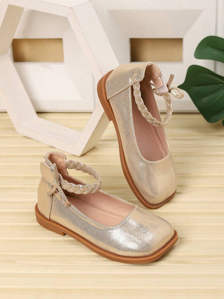 1 Pair Simple Bow Decor Girls' Flat Square Toe Outdoor Shoes, Spring/Summer - Gold - View 1