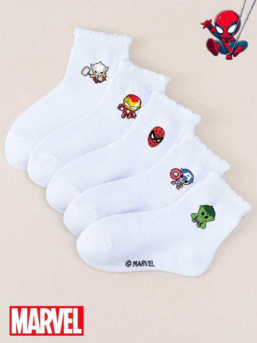 Marvel 1/5 Multicolor Spider-Man, Iron Man, Hulk, Thor Pattern Kids Socks, Girls Short Socks, Boys Short Socks, Daily/Party Gift/Easter/Spring & Summer Socks - Multicolor - View 1