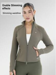 Women's Stand Up Collar Zipper Long Sleeved Thumb Hole Minimalist Fashion Sports Jacket Casual Sports Slim Zipper Pocket Jacket, Spring And Autumn Women's Clothing - 軍綠色 - 查看 11