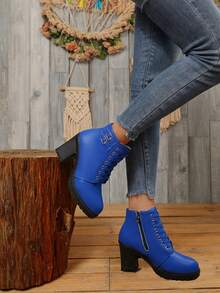 Autumn/Winter New Double Buckle High Heel Chunky Heel Lace-Up Boots For Women, Comfortable Boots, Work Boots, Platform Boots - 深藍色 - 查看 4