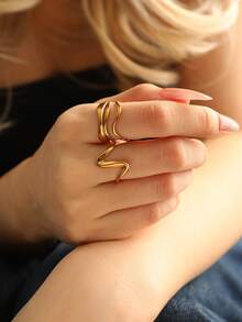 2 piezas Anillos abiertos de diseño único y minimalista de acero inoxidable - Dorado - Ver 7