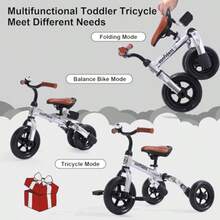 XPIY Triciclo para niños pequeños de 2 a 5 años bicicleta plegable 3 en 1 para niños y niñas triciclo de bicicleta para niños con pedal desmontable y asiento ajustable plateado brillante - como en la foto - Ver 2