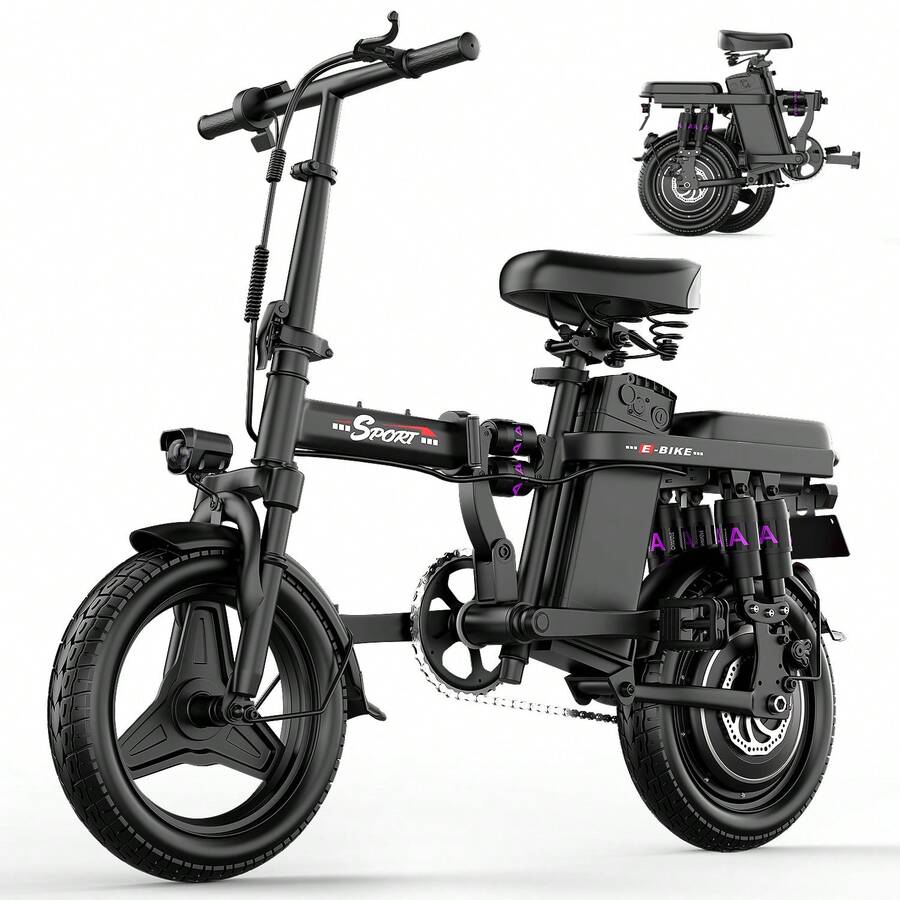 Electric Bike For Adults Teens, Folding Ebike,Commuter City Foldable E Bike With 500W Motor And 48V 15Ah Battery, 20MPH Speed Pedals Assist,32 Mi Long Range, Dual Disc Brakes,14" Compact Electric Bicycle - 黑色 - 查看 1