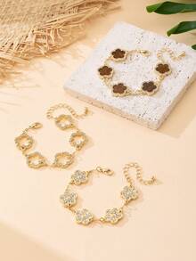 3pcs Luxury High-End Lucky Sweet Crystal Brown Hollow Gold Clover Women Bracelet Set, Stackable/Versatile