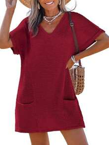 Swimsuit Coverup For Women Waffle Knit V Neck Short Sleeve Beach Coverup Dress With Pockets - 酒紅色 - 查看 9