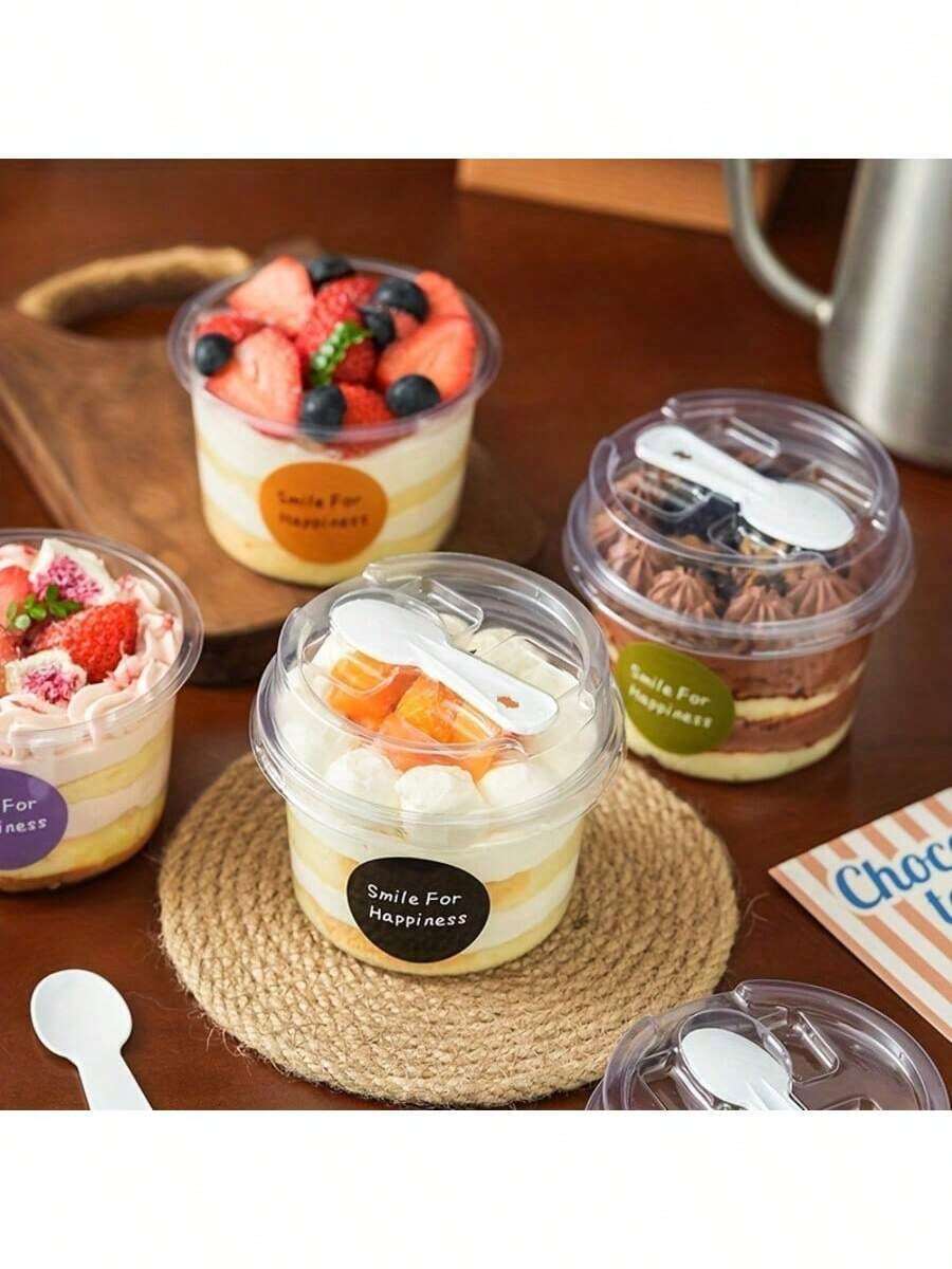 50/10pcs Reusable Round Pudding Cups With Lids And Spoons, Novelty Dessert Cups, Transparent Mousse Cake Containers, Yogurt Cups, Suitable For Birthday, Graduation, Singles Party, Wedding - Multicolor - View 1
