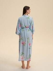 Retro Loose Elegant Fashion Printed Bohemian Kimono Cover Up Robe Casual Homewear Tie-Waist Bathrobe Sleepwear Thin Outerwear Beach Cover-Up Swimsuit Coverup - Blue - View 5