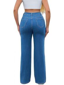 THUNDER Womens High Waisted Wide Leg Jeans Stretchy Distressed Pants - M Blue - 查看 5