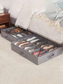 1 pieza Caja de almacenamiento plegable para zapatos debajo de la cama con 12 compartimentos, organizador de zapatos apilable a prueba de polvo de tela no tejida, de estructura resistente y ahorro de espacio, apto para tacones y zapatillas, organizador de zapatos debajo de la cama, contenedor de zapatos plegable de tela con tapa y ventana transparente, bolsa de almacenamiento con 2 asas, 29.3 pulgadas, organización y almacenamiento esencial para el hogar - Gris Oscuro - Ver 4