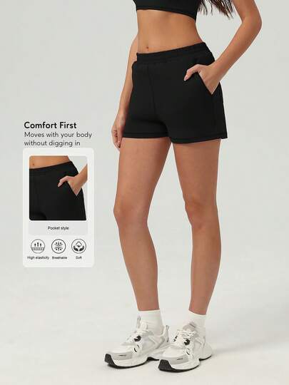 Sodalemon 女士训练健身短裤，侧边口袋，松紧腰带，瑜伽运动服，户外休闲运动短裤