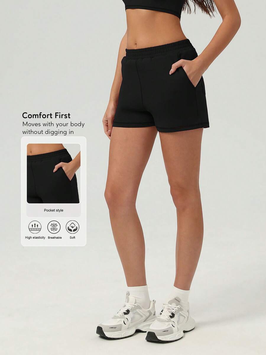 Sodalemon 女士训练健身短裤，侧边口袋，松紧腰带，瑜伽运动服，户外休闲运动短裤