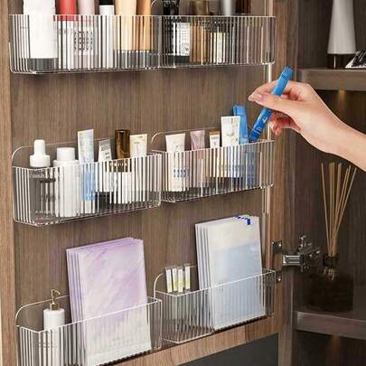 1 Giá đựng đồ trang điểm treo tường không cần khoan, nhiều ngăn để đựng cọ trang điểm, son môi, mỹ phẩm - Thiết kế nhẹ, tiết kiệm không gian, phù hợp với bàn trang điểm trong phòng tắm, chất liệu nhựa bền.