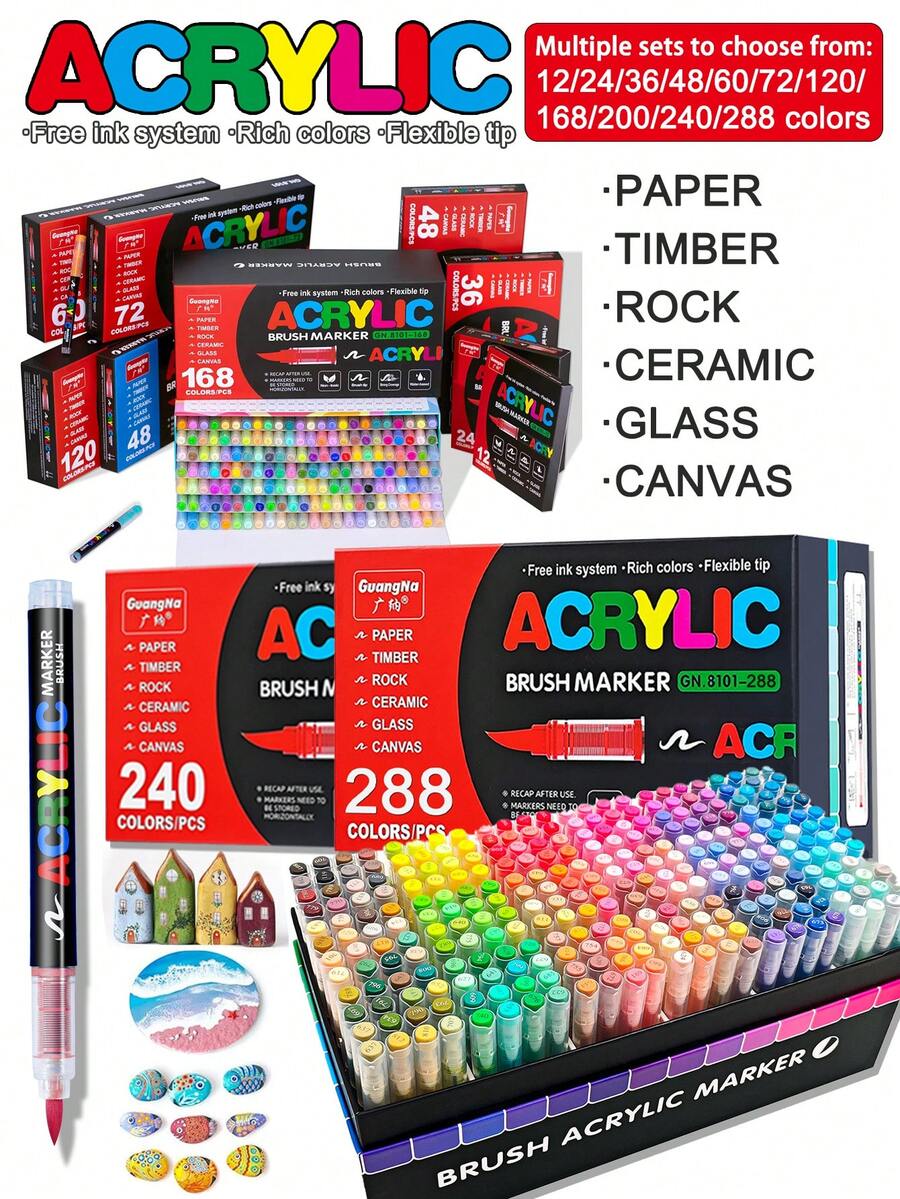 366/360/288/240/168/120/72/60/36/24/12 couleurs Stylos marqueurs acryliques liquides, Étudiants Art Professionnels Dessin Marqueurs à pointe souple, Compact Empilable pour livres à colorier DIY, Convient pour le verre, la pierre, l'art corporel imperméable, cadeau de Noël