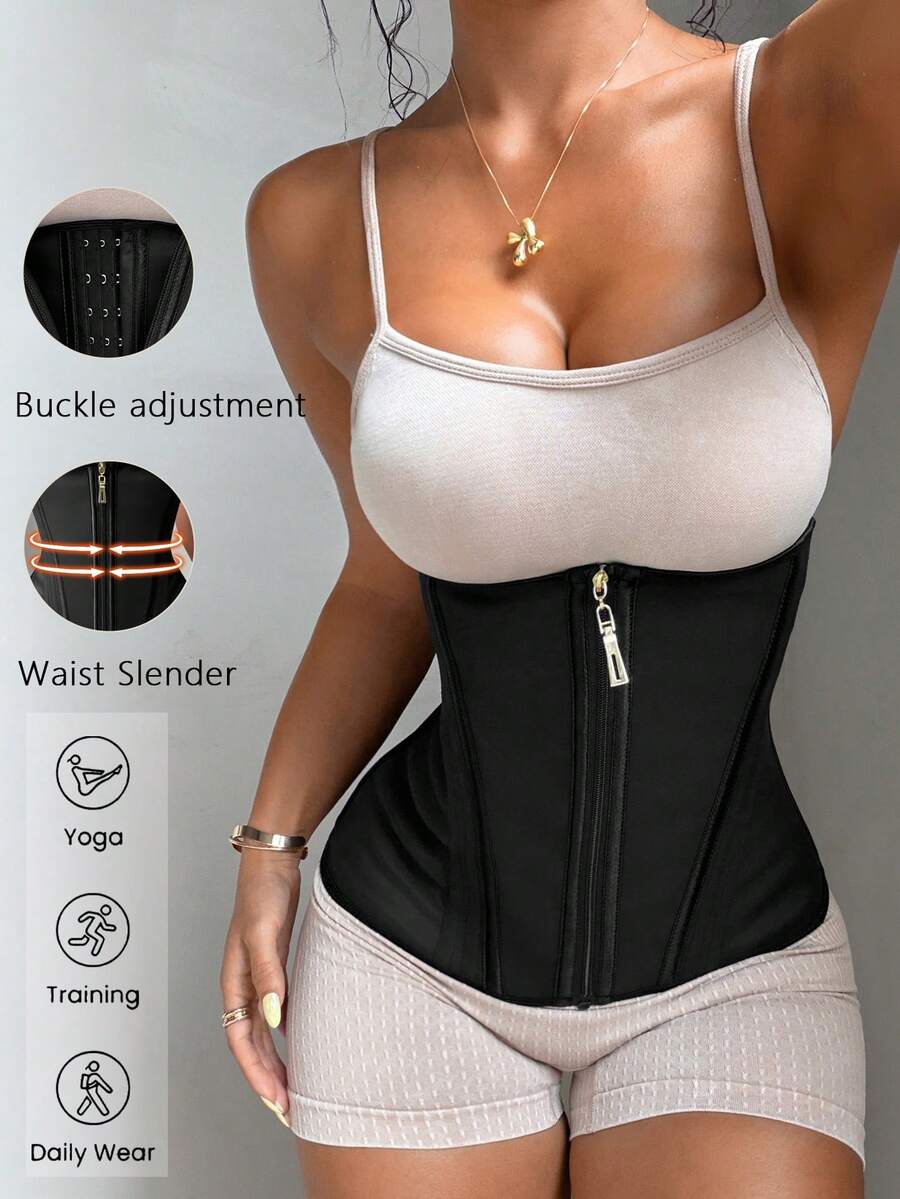 Aoqta 运动女士春夏紧身纯色拉链塑身收腹束腰套装，适合健身、日常塑形、舞蹈、瑜伽训练 - 黑色 - 查看 1