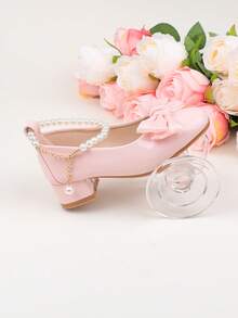 Scarpe da bambina per damigella d'onore, eleganti e dolci, con fiore, per banchetti di matrimonio, feste serali e vacanze, con tacco alto, adatte a ragazze di taglia grande, media e piccola, scarpe per bambini e neonati, classiche, comode e versatili, alla moda, rosa, con fiocco semplice, fibbia di perla, per tutte le stagioni, per vacanze, eleganti, con tacco spesso, scarpe da cerimonia, scarpe da spettacolo, scarpe da ballo, Mary Jane, scarpe da ballerina, scarpe da principessa - Rosa - Visualizzare 6