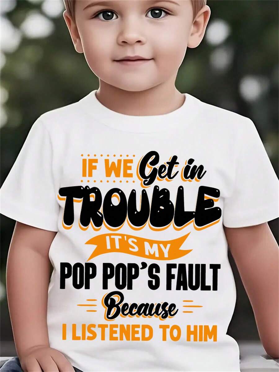 Camiseta Casual de Verano para Niños con Impresión Si Nos Metemos en Problemas, Culpa de Mi Papá - Camiseta Negra de Manga Corta y Cuello Redondo, Ligera y Transpirable para Jugar al Aire Libre, Camisetas para Niños, Camiseta Gráfica Juguetona, Ajuste Cómodo - Blanco - Ver 1