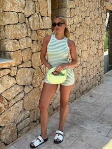 Conjunto de dos piezas de chaleco y pantalones cortos de punto a rayas verdes y bloques de color SEREN, nuevo para primavera y verano, adecuado para la temporada de vacaciones en la playa, festivales de música, conjunto de verano - Multicolor - Ver 2