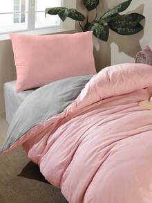 Made In Turkey-2-Piece Set With Geometric Pattern, 65% Cotton 35% Polyester, Suitable For All Seasons, Duvet Cover With Button Closure. 1 Duvet Cover (140x200cm) And 1 Pillowcase (50x70cm). Highly Breathable, Soft And Lightweight. Pillowcase Pattern Is Randomly Generated. -Artus Gri - Baby Pink - View 3