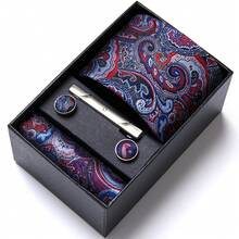 AlanKing 1 Set Of Men's Business Formal Tie With Matching Pocket Square And Cufflinks, Burgundy Paisley Men Necktie